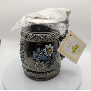 Vintage Gerz Colbalt Blue Floral German Beer with Pewter Lid